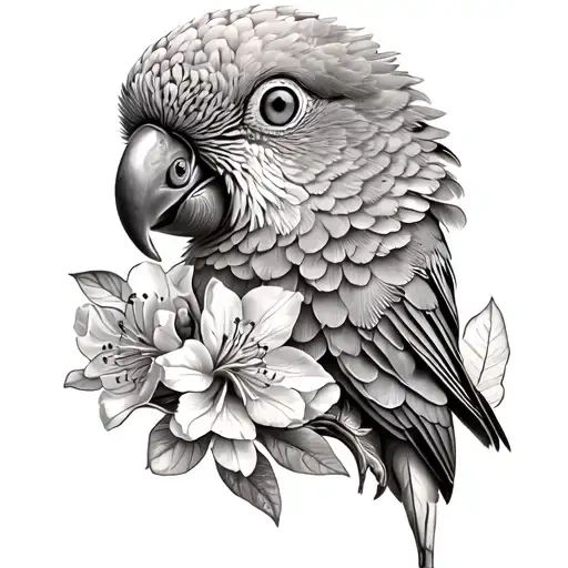 a sun conure with azalea flowers tattoo design idea
