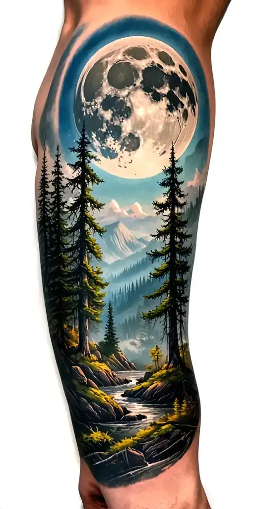 dense forest landscape with giant moon  tattoo design idea