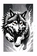 wolf in a masculine style in all black/white/grey long and leaping, no background, in an artistic somewhat modern style tattoo design idea