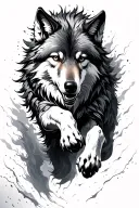 wolf in a masculine style in all black/white/grey long and leaping, no background, in an artistic somewhat modern style tattoo design idea