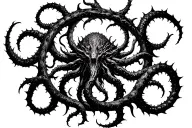 Azathoth, Lovecraftian god, in a circle of thorns that turn into tentacles outwards tattoo design idea