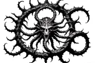 Azathoth, Lovecraftian god, in a circle of thorns that turn into tentacles outwards tattoo design idea