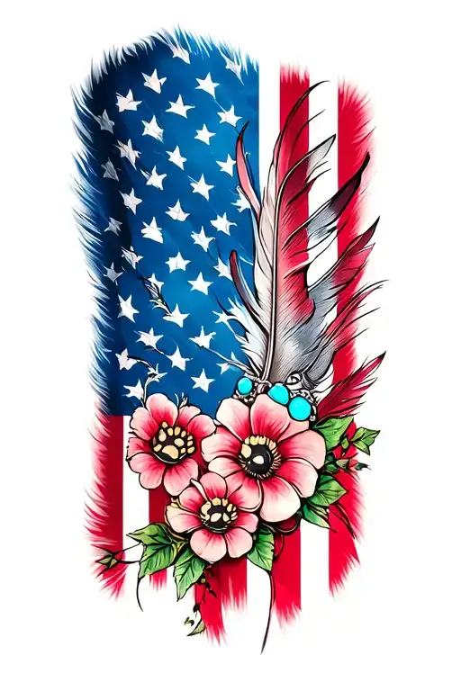 feathers with 2 small dog paw prints incorporated, american flag with  turquoise western jewlery and flowers tattoo design idea