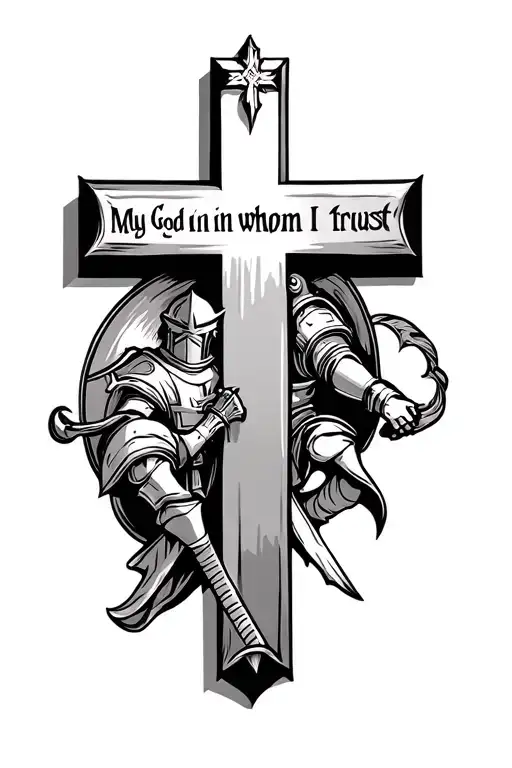 cross with words" my god in whom I trust" with a knight guarding it tattoo design idea