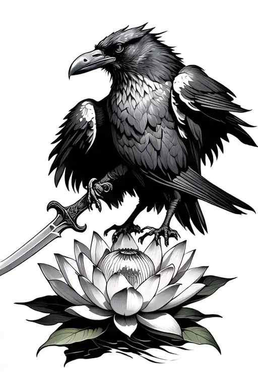 Wild crow on a lotus flower with a sword tattoo design idea