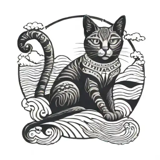 egyptian cat sitting next to a wave tattoo design idea