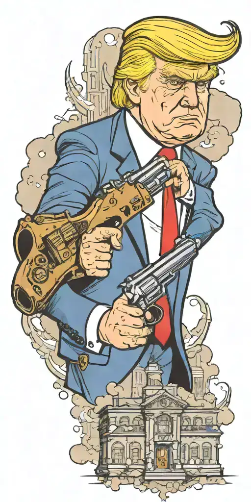 trump holding a gun city in background  tattoo design idea