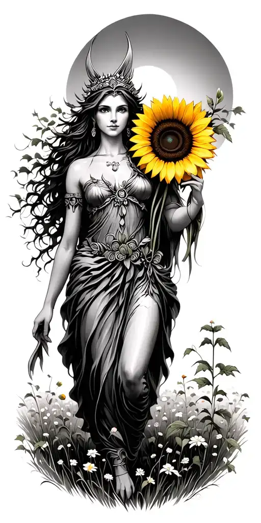 Freya the goddess of love and beauty wandering through a Meadow of Elm trees carrying a sunflower tattoo design idea