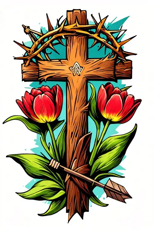 Rustic cross with crown of thorns on top, a tulip growing from left arm, and a quiver with 2 arrows hanging from right tattoo design idea
