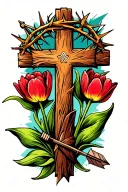 Rustic cross with crown of thorns on top, a tulip growing from left arm, and a quiver with 2 arrows hanging from right tattoo design idea