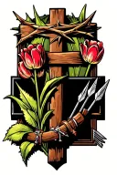Rustic cross with crown of thorns on top, a tulip growing from left arm, and a quiver with 2 arrows hanging from right tattoo design idea