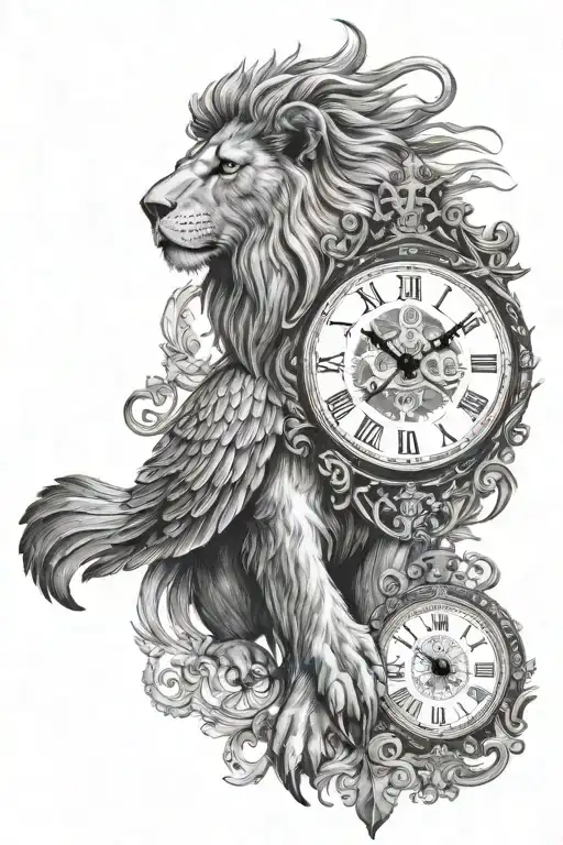 lion/eagle with a greek clock above it tattoo design idea