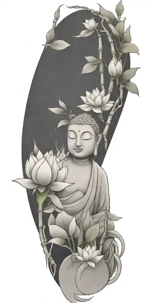 buddhist inpired tattoo focusing on scenary of nature, bamboo, water, and with lotus, koi fish, and small budda tattoo design idea