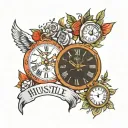 clock hustle e humble together tattoo design idea