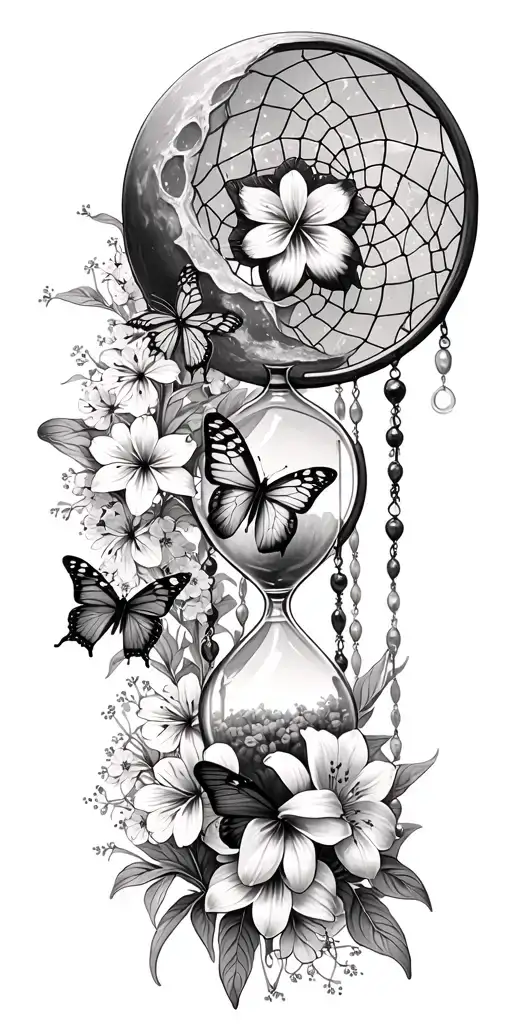 An hourglass moon dream catcher filled with lilies and butterflies Queen Anne's lace  nature tattoo design idea