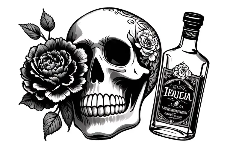sugar skull with carnation flower and tequila bottle tattoo design idea