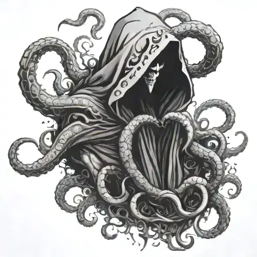 Hooded demon with tentacles protruding from around his dark shape tattoo design idea