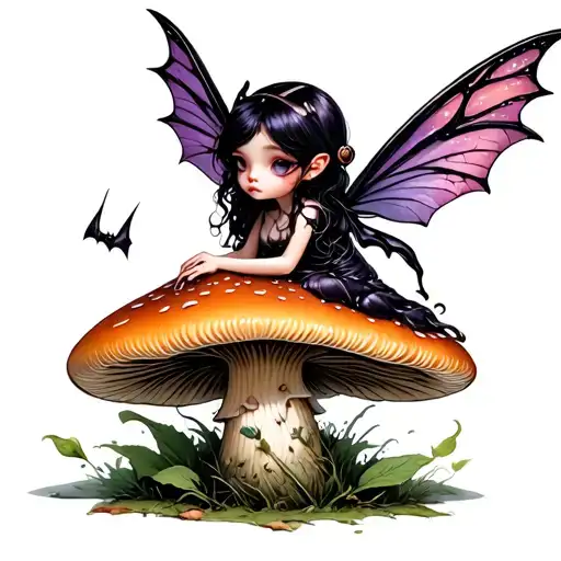 a small dark fairy with bat-like leathery wings sitting on top of a Death cap (Amanita phalloides) mushroom.  tattoo design idea