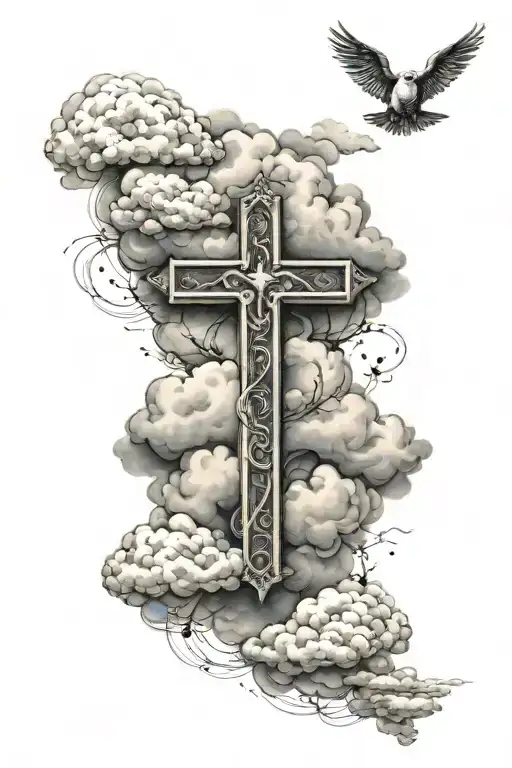 Cross and a Bible Verse surrounded by clouds  tattoo design idea
