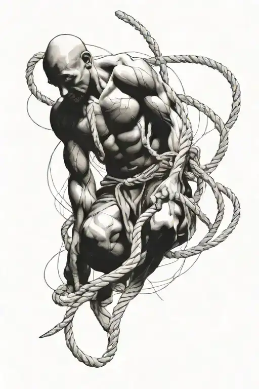 man tied to three rocks by rope intertwined tattoo design idea