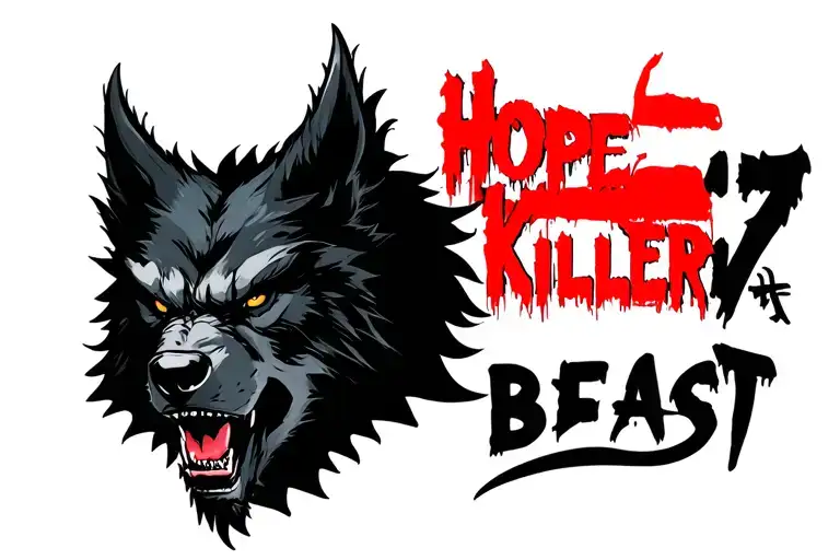 centered black werewolf head with "Hope 17 Killer" written above in red and the word "BEAST" written below tattoo design idea