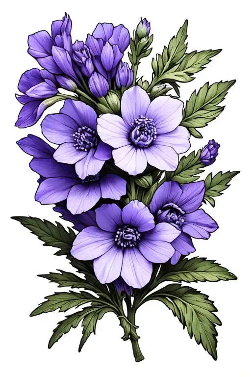 larkspur flower with stem and violet flowerwith stem intertwined tattoo design idea