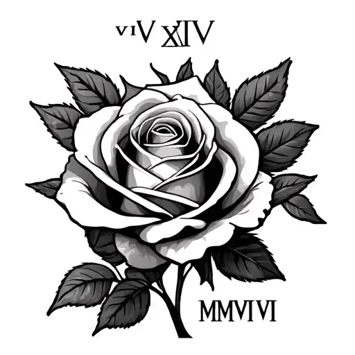 Rose With Roman Numerals "VIII • XIV • MMVII" tattoo design idea