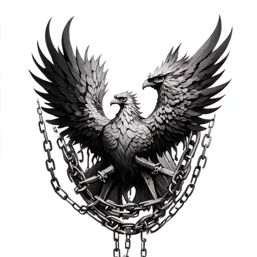 Phoenix chained to a wall that blows the chains. War down black gray outwards, 5604 integrate tattoo design idea