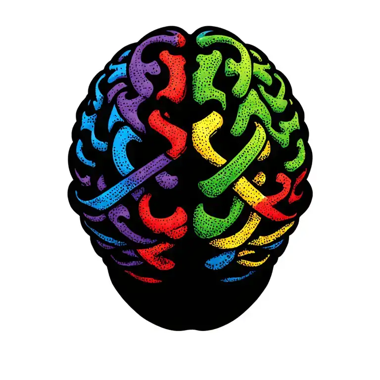 red green yellow autism puzzle cartoon brain wrapped in blueish purple ribbon tattoo design idea