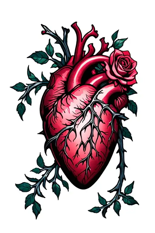 heart with roses and thornes, tattoo design idea
