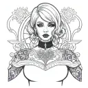 Sexy Petite Girl white short bob hairstyle, revealing clothes, big boobs, purple eyes, wide hips Slutty. gothic pin-up  tattoo design idea