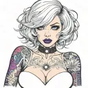 Sexy Petite Girl white short bob hairstyle, revealing clothes, big boobs, purple eyes, wide hips Slutty. gothic pin-up  tattoo design idea
