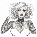 Sexy Petite Girl white short bob hairstyle, revealing clothes, big boobs, purple eyes, wide hips Slutty. gothic pin-up  tattoo design idea