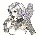 Sexy Petite Girl white short bob hairstyle, revealing clothes, big boobs, purple eyes, wide hips Slutty. gothic pin-up  tattoo design idea