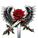 angel wings and sword with red rose and thorns wrapped tattoo design idea