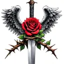 angel wings and sword with red rose and thorns wrapped tattoo design idea