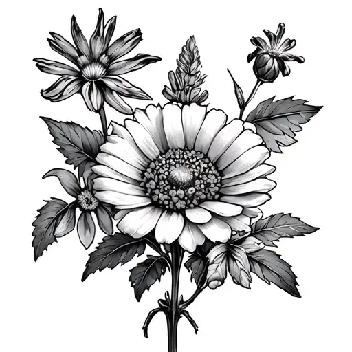 Marigold flower Oliver, Larkspur flower Malena, Violets flower Oscar, Primrose folder Maddox tattoo design idea