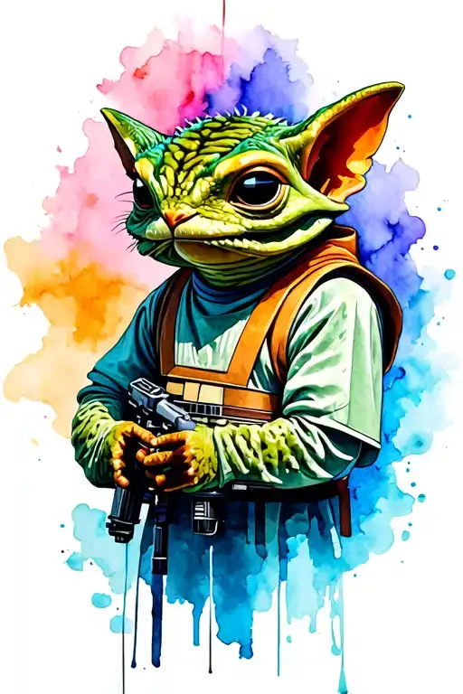 generate star wars grogu character watercolor backround, and fineline theme surrounding starwars sembols tattoo design idea
