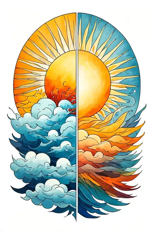 One half is a sun with rays only and The other half is clouds only tattoo design idea