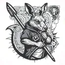 A blackwork tattoo of a kangaroo wearing hip hop attire, holding a spearfishing harpoon, set against a graffiti background inspired by Balmain Sydney tattoo design idea