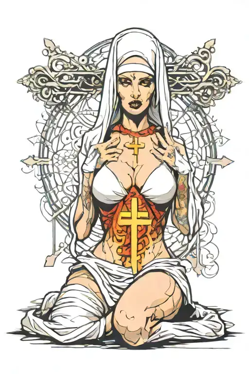 Sexy Nun, huge boobs,, wide hips, petite, revealing attire, seductive facial expressions, gold cross, Lingerie, sexual tattoo design idea