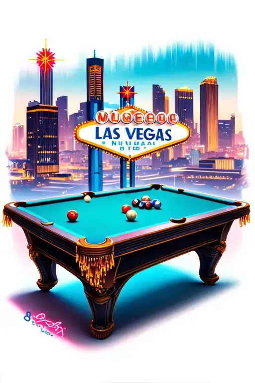 Las Vegas skyline and billiards table with neon lights tattoo design idea
