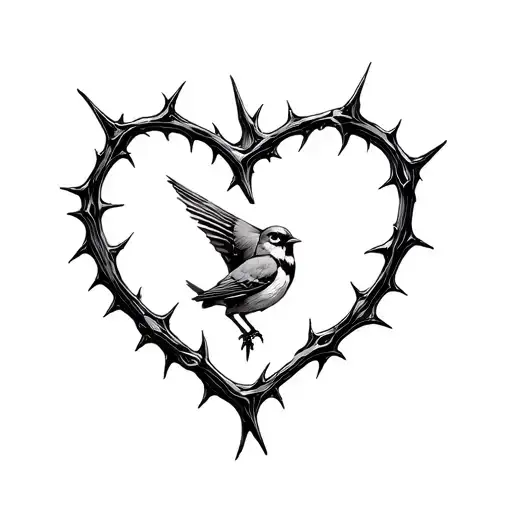 thorns in shape of heart with a sparrow in the center looking upward tattoo design idea