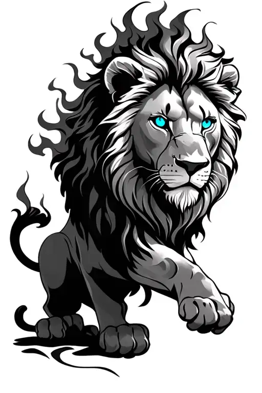 A lion with blue eyes like fire I'm tattoo design idea