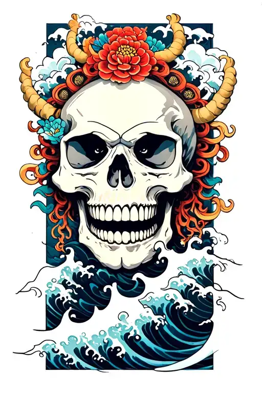 Neo Japanese oni, skull, waves tattoo design idea