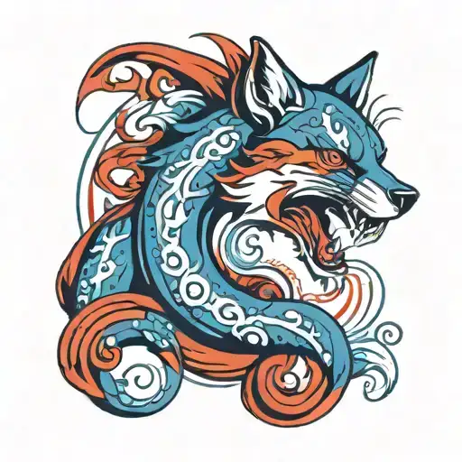 Ouroboros fox sin of greed in red and blue tones tattoo design idea