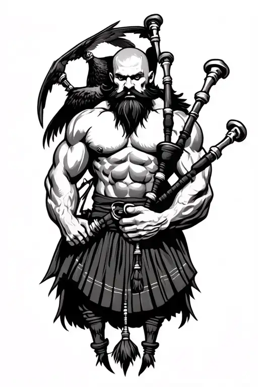 muscular bagpiper bald black beard black huge wings on his back flying crow with claws tattoo design idea