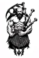 muscular bagpiper bald black beard black huge wings on his back flying crow with claws tattoo design idea
