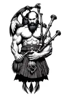 muscular bagpiper bald black beard black huge wings on his back flying crow with claws tattoo design idea