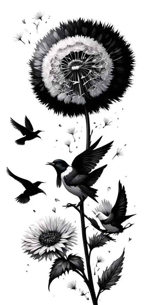 Dandelion with flying petals converting into few birds tattoo from wrist to shoulder and neck tattoo design idea